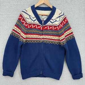 Vtg Nordic Fair Isle Sweater Mens Medium Blue Zip Cardigan Knit Pullover Winter